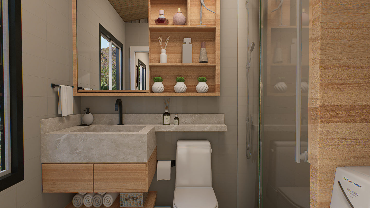 Bathroom with shower and laundry